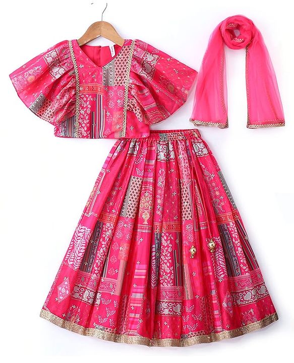 Babyhug Woven Flutter Sleeves Digital Printed Choli Lehenga Set with Dupatta & Lace Detailing - Fuschia