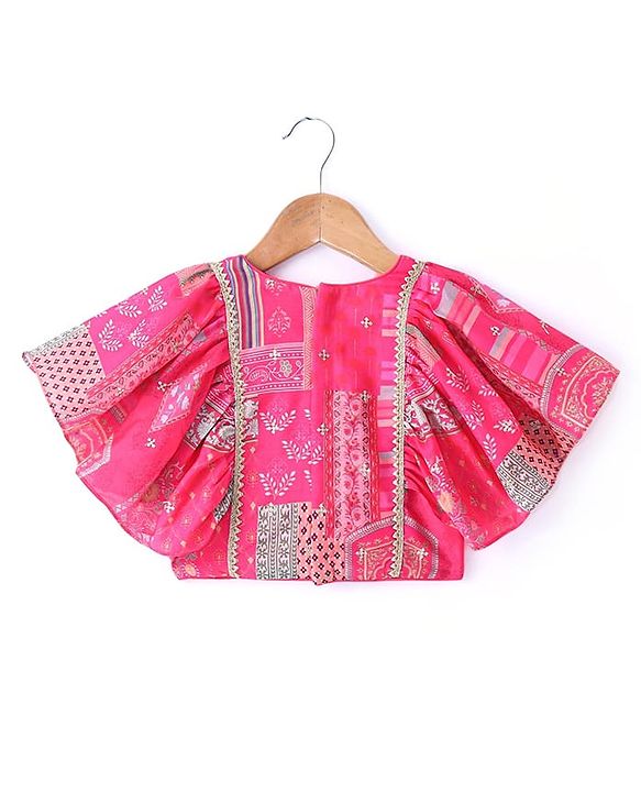 Babyhug Woven Flutter Sleeves Digital Printed Choli Lehenga Set with Dupatta & Lace Detailing - Fuschia