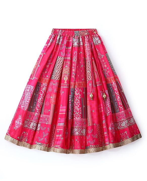 Babyhug Woven Flutter Sleeves Digital Printed Choli Lehenga Set with Dupatta & Lace Detailing - Fuschia