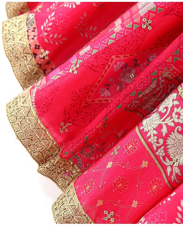 Babyhug Woven Flutter Sleeves Digital Printed Choli Lehenga Set with Dupatta & Lace Detailing - Fuschia