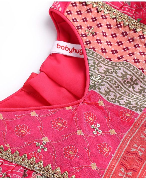 Babyhug Woven Flutter Sleeves Digital Printed Choli Lehenga Set with Dupatta & Lace Detailing - Fuschia
