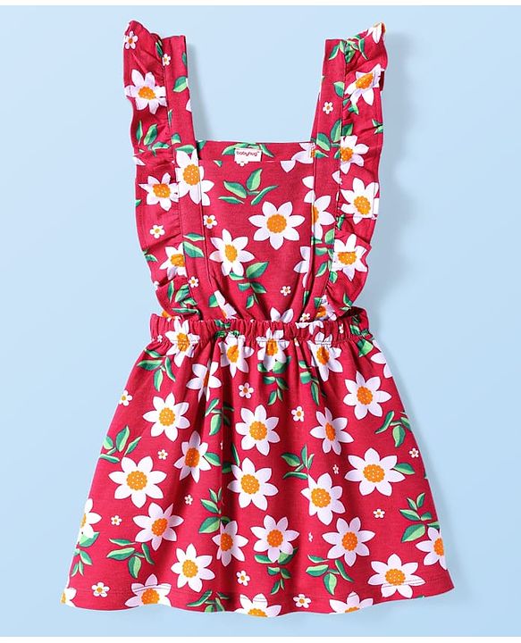Babyhug Cotton Knit Frock & Half Sleeves Inner Tee With Floral & Polka Dot Print - Maroon & Mustard