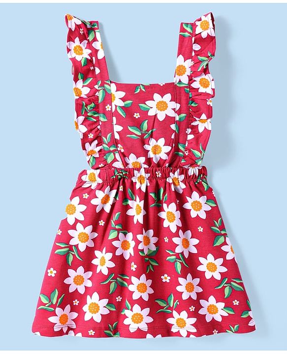 Babyhug Cotton Knit Frock & Half Sleeves Inner Tee With Floral & Polka Dot Print - Maroon & Mustard