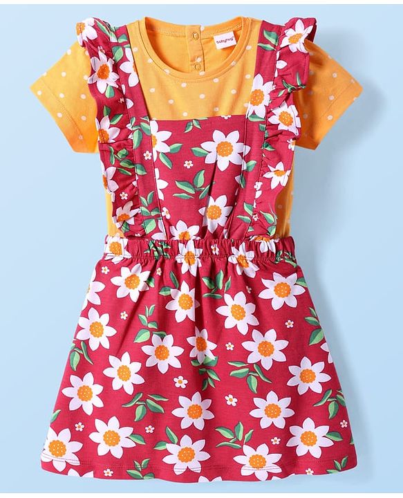 Babyhug Cotton Knit Frock & Half Sleeves Inner Tee With Floral & Polka Dot Print - Maroon & Mustard