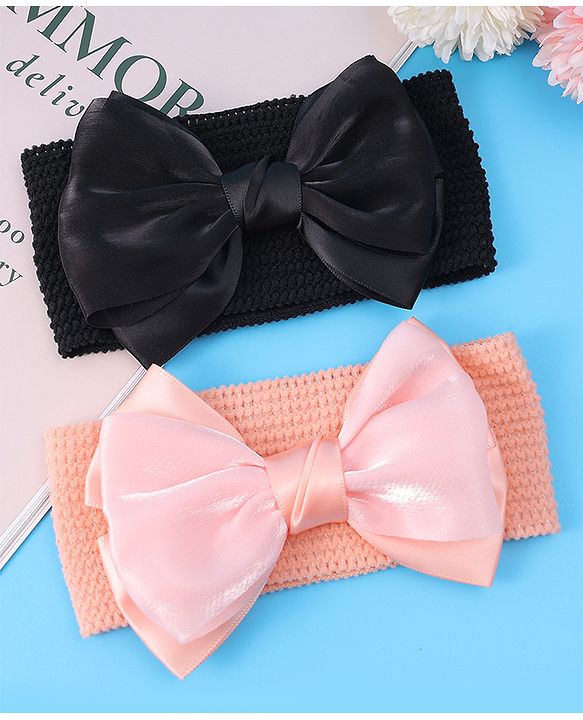 Babyhug Headbands With Bow Applique Pack of 2 - Peach & Black