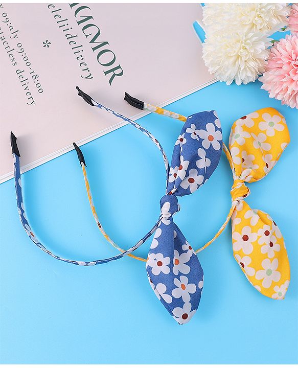 Pine Kids Hair Bands with Bow Applique & Floral Print Pack of 2 - Yellow & Blue
