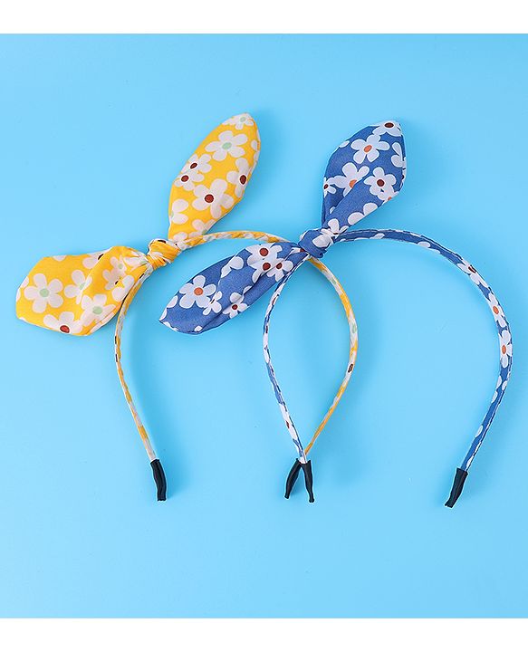 Pine Kids Hair Bands with Bow Applique & Floral Print Pack of 2 - Yellow & Blue