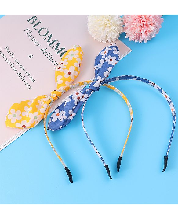 Pine Kids Hair Bands with Bow Applique & Floral Print Pack of 2 - Yellow & Blue