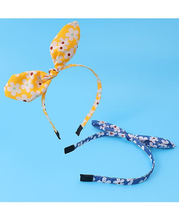 Pine Kids Hair Bands with Bow Applique & Floral Print Pack of 2 - Yellow & Blue
