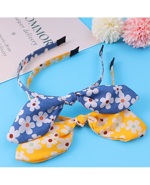 Pine Kids Hair Bands with Bow Applique & Floral Print Pack of 2 - Yellow & Blue