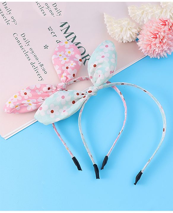 Pine Kids Hair Bands with Bow Applique & Floral Print Pack of 2 - Pink & Light Green