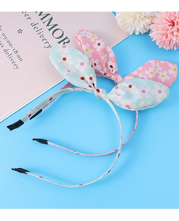 Pine Kids Hair Bands with Bow Applique & Floral Print Pack of 2 - Pink & Light Green