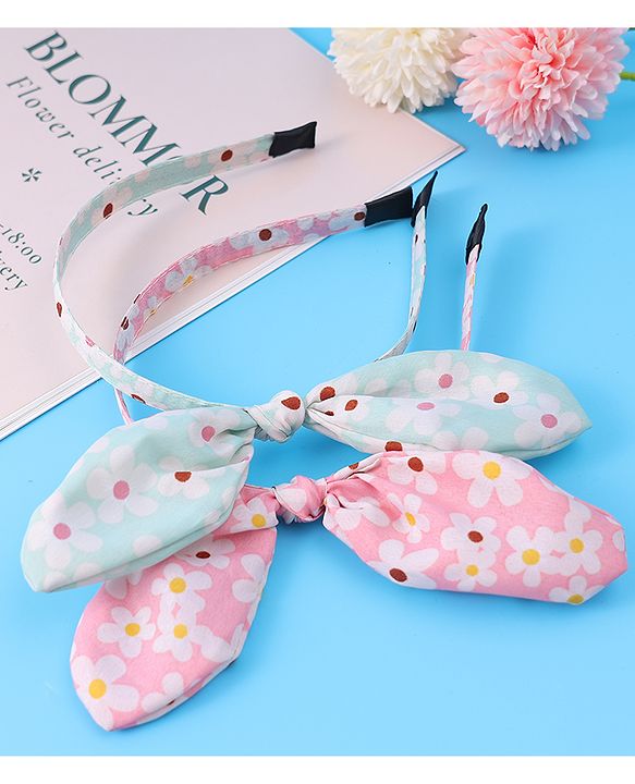Pine Kids Hair Bands with Bow Applique & Floral Print Pack of 2 - Pink & Light Green