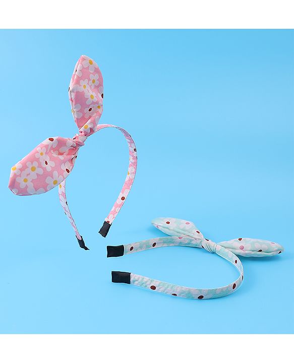 Pine Kids Hair Bands with Bow Applique & Floral Print Pack of 2 - Pink & Light Green