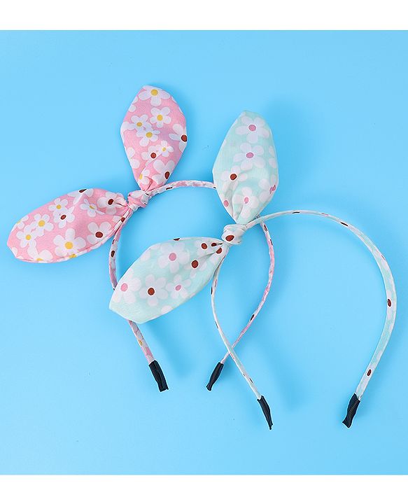 Pine Kids Hair Bands with Bow Applique & Floral Print Pack of 2 - Pink & Light Green