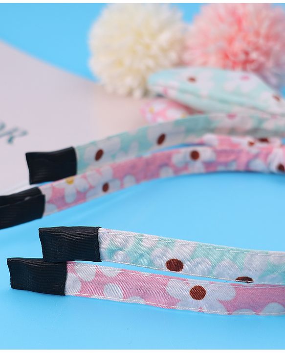 Pine Kids Hair Bands with Bow Applique & Floral Print Pack of 2 - Pink & Light Green