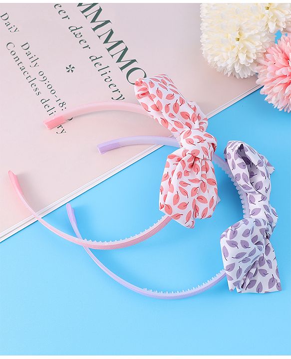 Pine Kids Hair Bands with Bow Applique & Leaves Print Pack of 2 - Pink & Purple