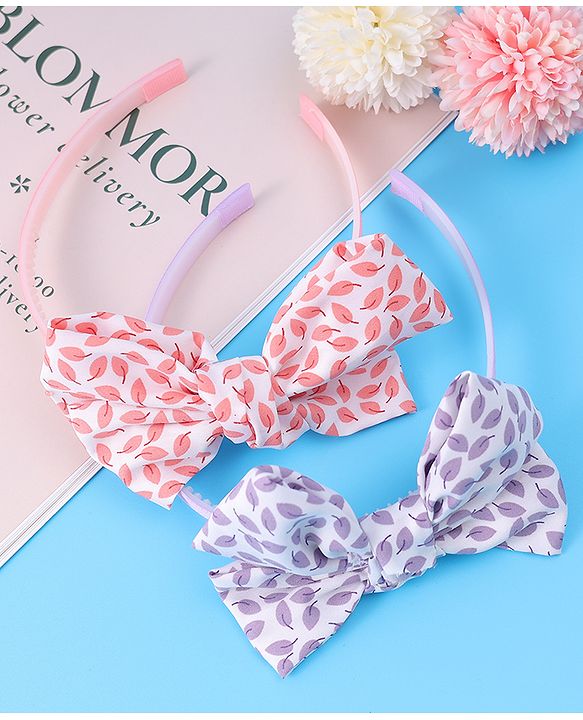 Pine Kids Hair Bands with Bow Applique & Leaves Print Pack of 2 - Pink & Purple