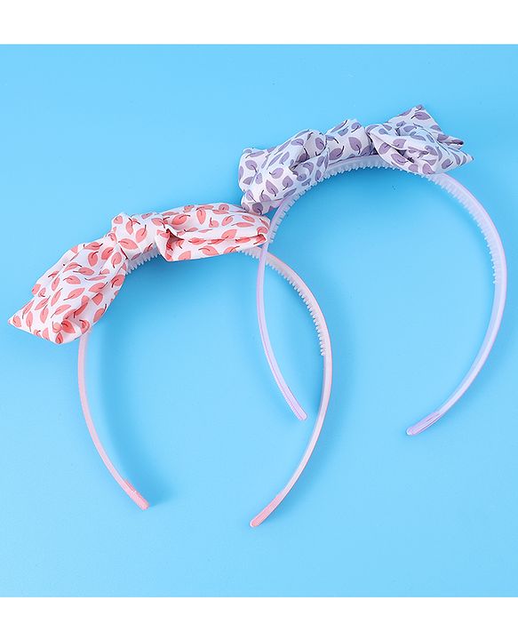 Pine Kids Hair Bands with Bow Applique & Leaves Print Pack of 2 - Pink & Purple