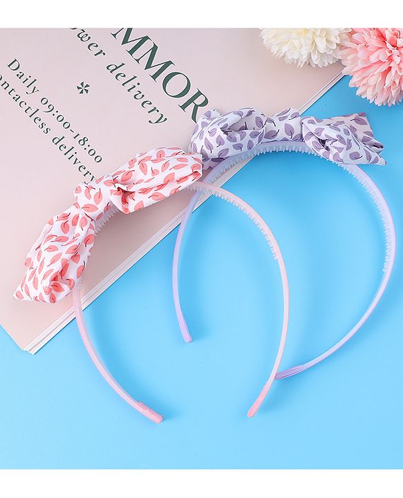 Pine Kids Hair Bands with Bow Applique & Leaves Print Pack of 2 - Pink & Purple