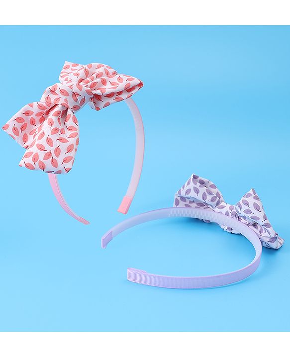 Pine Kids Hair Bands with Bow Applique & Leaves Print Pack of 2 - Pink & Purple
