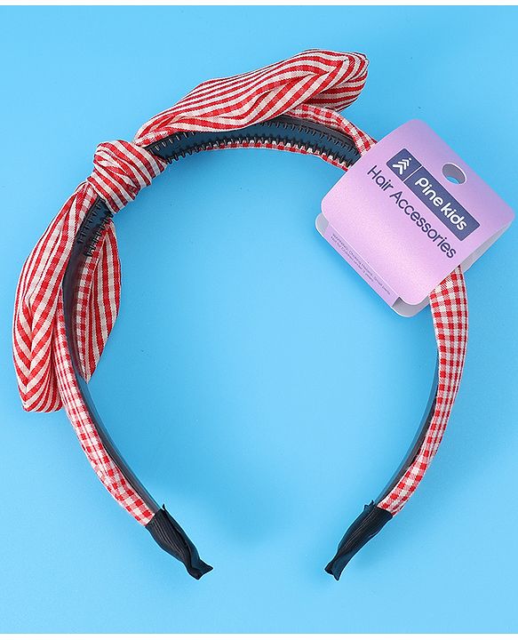 Pine Kids Hair Band Bow Applique with Checks Free Size - Red