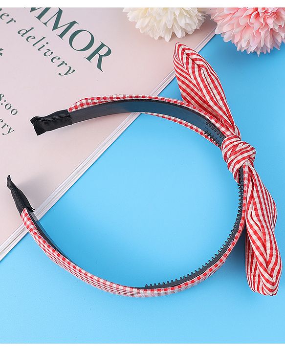 Pine Kids Hair Band Bow Applique with Checks Free Size - Red