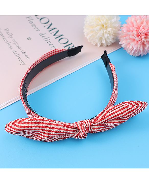 Pine Kids Hair Band Bow Applique with Checks Free Size - Red