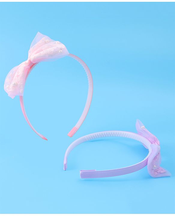 Babyhug Hair Bands Bow Applique with Pearls Embedded Free Size Pack of 2 - Light Pink & Purple
