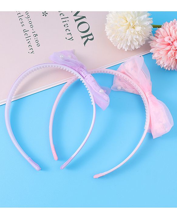 Babyhug Hair Bands Bow Applique with Pearls Embedded Free Size Pack of 2 - Light Pink & Purple