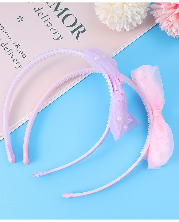 Babyhug Hair Bands Bow Applique with Pearls Embedded Free Size Pack of 2 - Light Pink & Purple