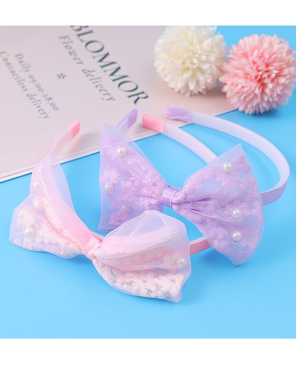 Babyhug Hair Bands Bow Applique with Pearls Embedded Free Size Pack of 2 - Light Pink & Purple