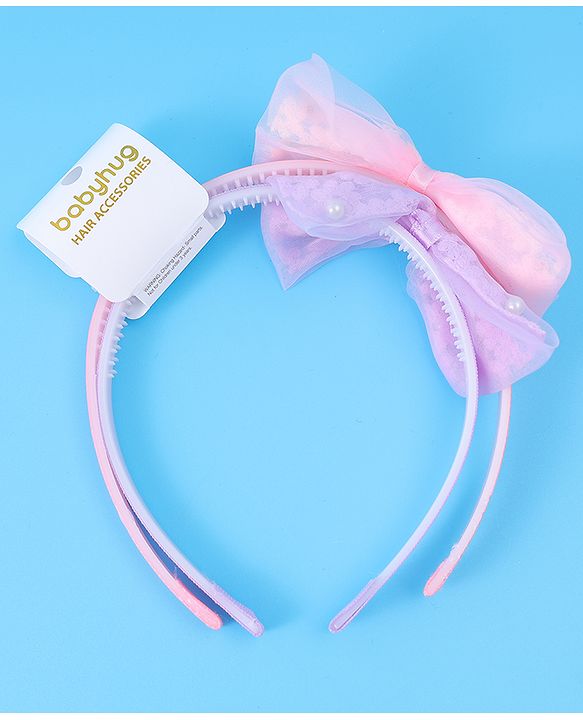 Babyhug Hair Bands Bow Applique with Pearls Embedded Free Size Pack of 2 - Light Pink & Purple