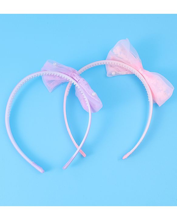 Babyhug Hair Bands Bow Applique with Pearls Embedded Free Size Pack of 2 - Light Pink & Purple