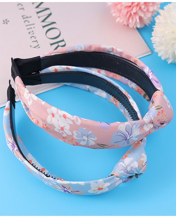 Pine Kids Hair Bands Knot Design with Floral Print Free Size Pack of 2 - Blue & Pink