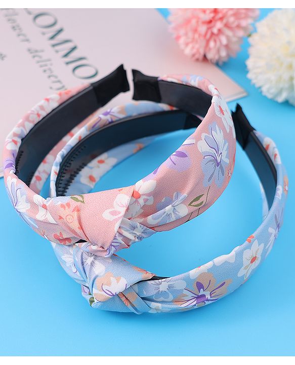 Pine Kids Hair Bands Knot Design with Floral Print Free Size Pack of 2 - Blue & Pink