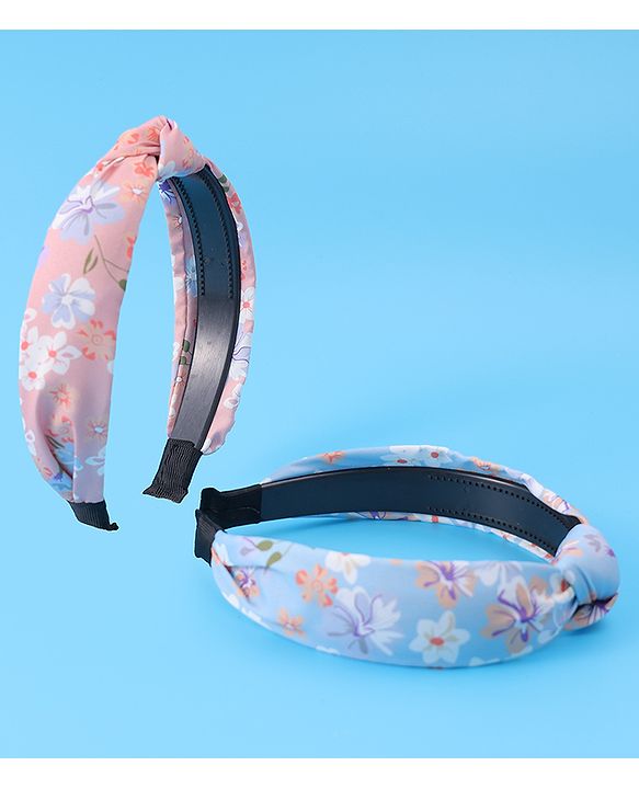 Pine Kids Hair Bands Knot Design with Floral Print Free Size Pack of 2 - Blue & Pink
