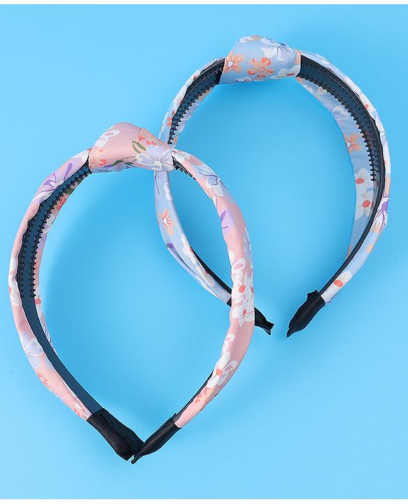 Pine Kids Hair Bands Knot Design with Floral Print Free Size Pack of 2 - Blue & Pink