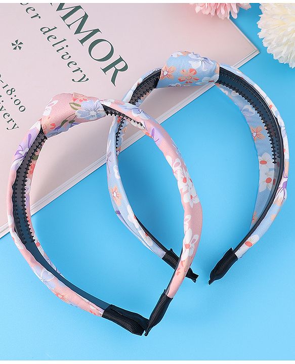 Pine Kids Hair Bands Knot Design with Floral Print Free Size Pack of 2 - Blue & Pink