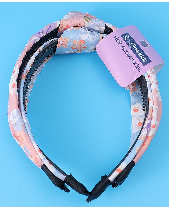 Pine Kids Hair Bands Knot Design with Floral Print Free Size Pack of 2 - Blue & Pink