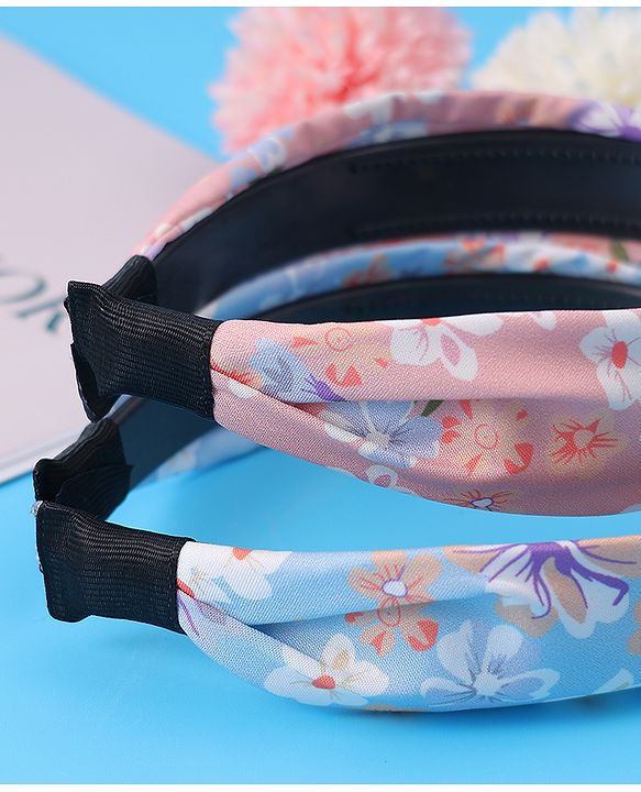Pine Kids Hair Bands Knot Design with Floral Print Free Size Pack of 2 - Blue & Pink