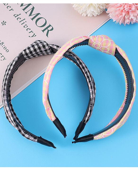 Pine Kids Hair Bands Knot Design with Checks Free Size Pack of 2 - Black & Yellow