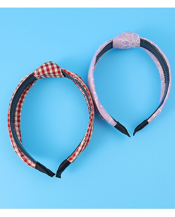 Pine Kids Hair Bands Knot Design with Checks Free Size Pack of 2 - Red & Yellow
