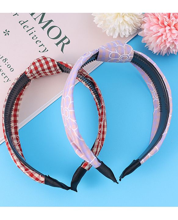 Pine Kids Hair Bands Knot Design with Checks Free Size Pack of 2 - Red & Yellow