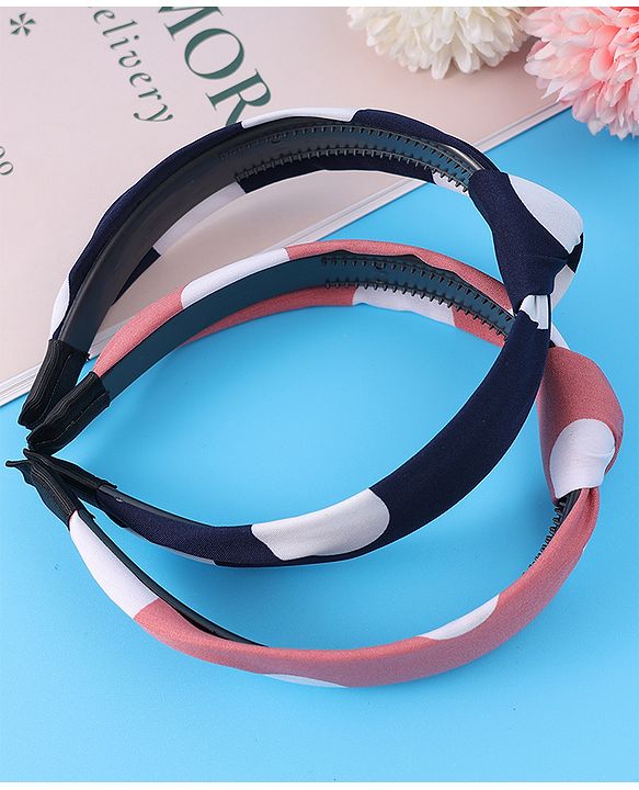 Pine Kids Hair Bands Bow Applique with Polka Dots Free Size Pack of 2 - Pink & Dark Blue
