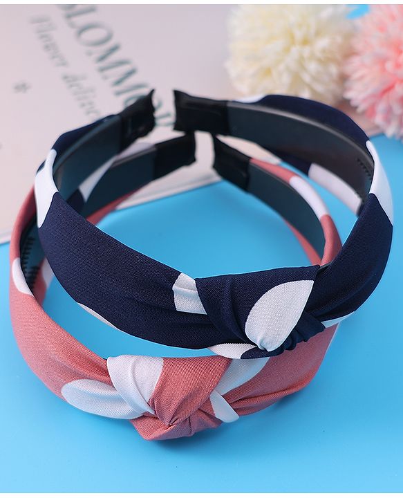 Pine Kids Hair Bands Bow Applique with Polka Dots Free Size Pack of 2 - Pink & Dark Blue
