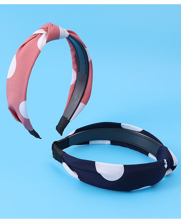Pine Kids Hair Bands Bow Applique with Polka Dots Free Size Pack of 2 - Pink & Dark Blue