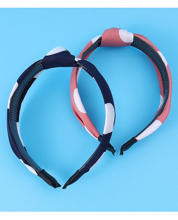 Pine Kids Hair Bands Bow Applique with Polka Dots Free Size Pack of 2 - Pink & Dark Blue