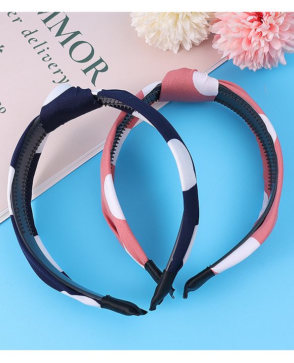 Pine Kids Hair Bands Bow Applique with Polka Dots Free Size Pack of 2 - Pink & Dark Blue