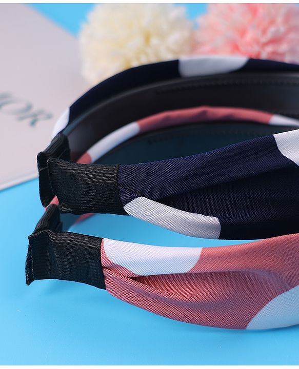 Pine Kids Hair Bands Bow Applique with Polka Dots Free Size Pack of 2 - Pink & Dark Blue